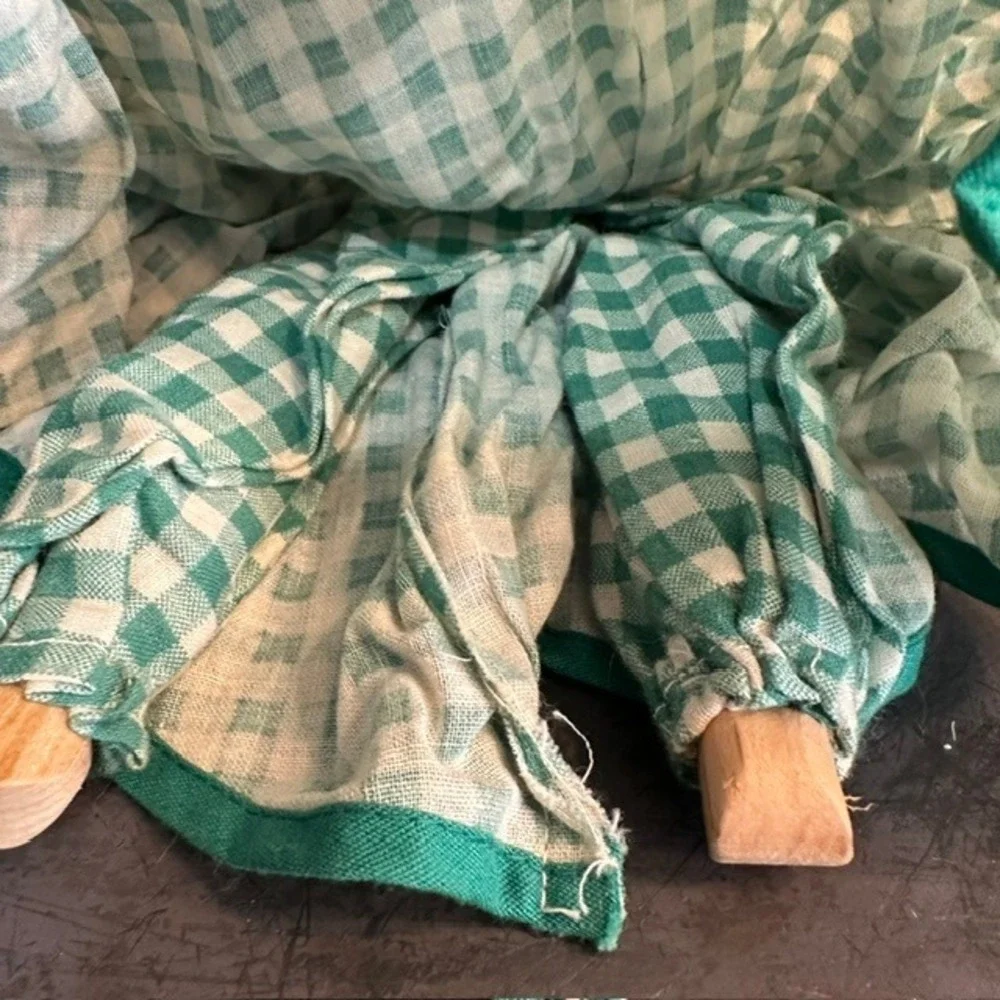 Handmade Vintage Folk Art Rag Doll Green Gingham Wooden Hands Feet 15in Prim